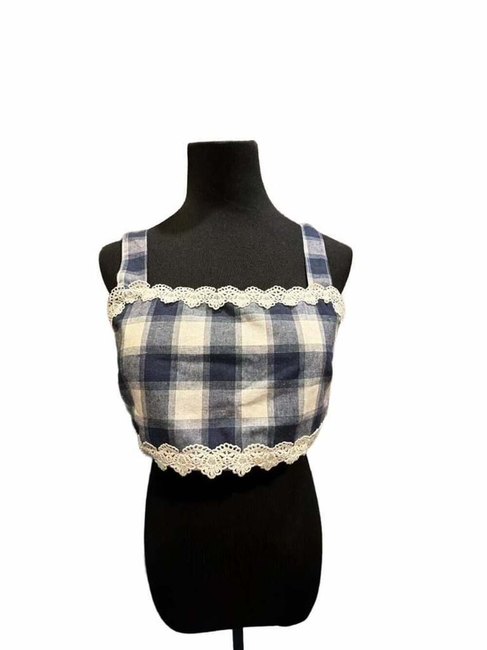 746 POL Plaid Lace Trim Crop Camisole Top Blue Cotton